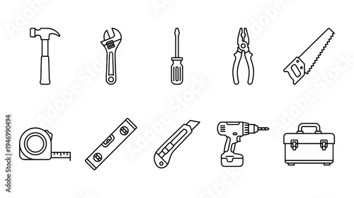 This collection features ten essential home improvement and construction tools depicted as clean, minimalist black outline icons on a stark white background, ideal for web design or infographics.