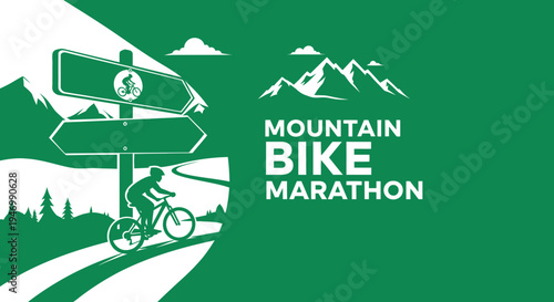 Inspiring Mountain Bike Marathon Adventure With Signpost And Green Background