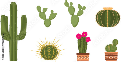 Cactus Collection Featuring Saguaro, Prickly Pear, and Flowering Cactus in Decorative Pots, Ideal for Gardening Designs and Home Decor