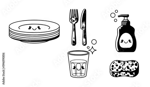 A set of cute kitchen utensils and dishware with smiling faces