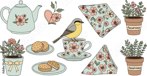Floral Tea Time Vector Collection with Teapot Cup Bird Cookies Napkins and Potted Flowers Cute Vintage Style Kitchen Illustration Set Isolated on White Background