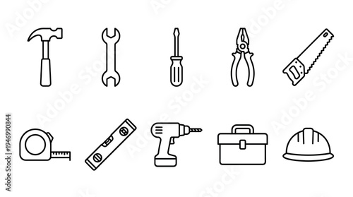A collection of essential black line art construction and DIY tool icons is neatly arranged on a clean white background, perfect for vector graphics and professional design projects.