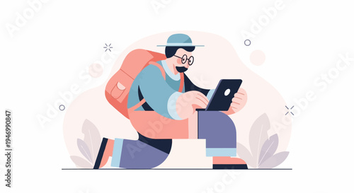 A person with a backpack looks at a tablet while kneeling