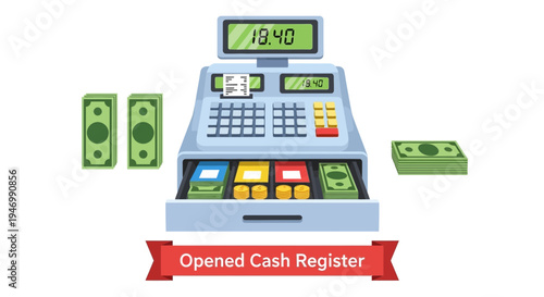 An opened cash register with money and a red banner