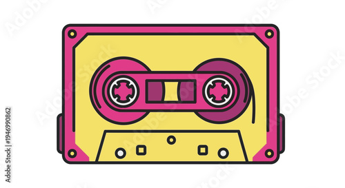 A vibrant yellow and pink retro cassette tape illustration with bold black outlines, representing 80s and 90s music culture.