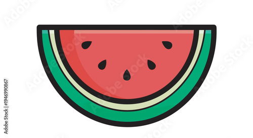 A simple flat vector illustration of a juicy watermelon slice with red flesh, black seeds, and a green rind.