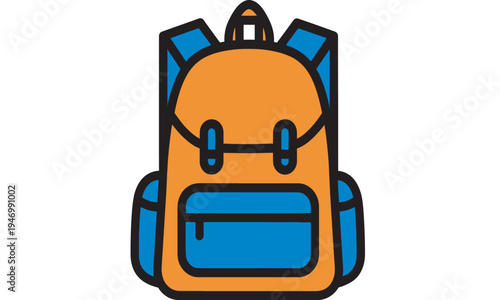 A vibrant orange and blue travel backpack with multiple compartments and a front pocket.