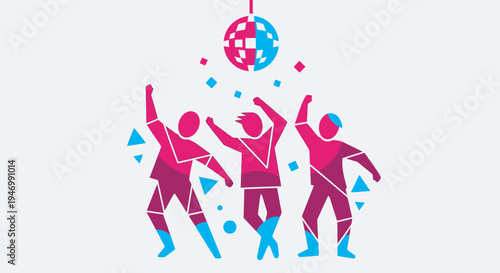 A group of silhouettes dancing energetically under a shining disco ball with geometric confetti.