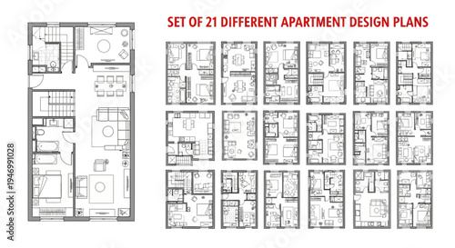 Set of 21 different apartment design plans