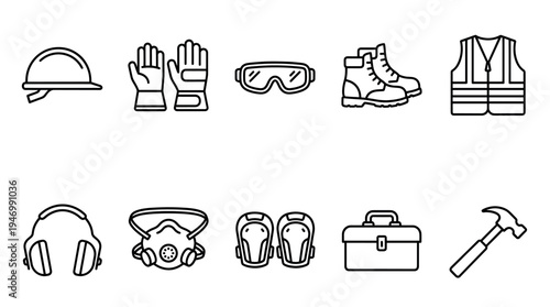 A comprehensive collection of black outline icons representing essential personal protective equipment (PPE) and tools like a hard hat, gloves, and hammer, designed for workplace safety.