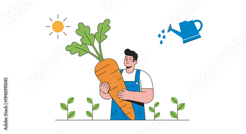 A happy farmer in blue overalls holding a massive orange carrot in a field under the sun.