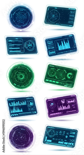 Collection of futuristic hud elements, radar screens, and dashboard displays