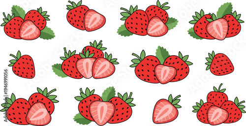 Fresh strawberry fruit vector illustration set with whole and sliced strawberries and leaves, sweet berry collection for healthy food and dessert design