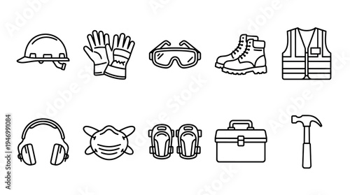 This vector illustration displays a comprehensive set of black line icons for personal protective equipment and common work tools, rendered cleanly on a white background, perfect for industrial safety