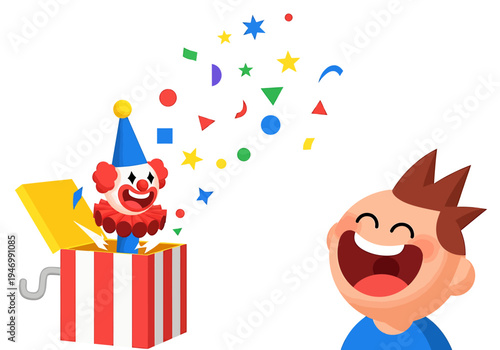 Delightful surprise unfolds as a joyful child experiences the magic of a springing jack-in-the-box, showering vibrant confetti and playful wonder