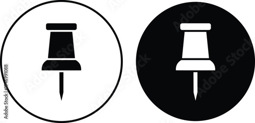 Push pin icon set office map pin thumbtack symbol black and white circle button vector illustration isolated