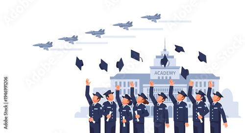 Graduates jubilantly celebrate their success at the military academy, tossing caps high as an air fleet symbolizes their future aspirations in aviation and national defense