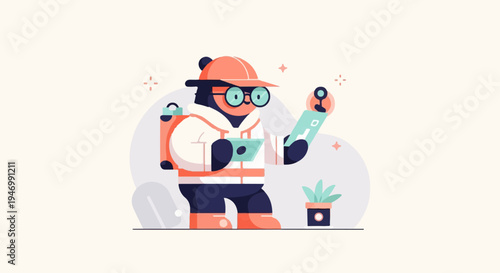 Cartoon panda in explorer gear with tablet and map, plant