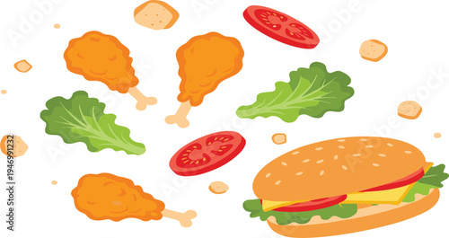 Fast food vector set with chicken burger sandwich flying drumsticks fresh lettuce leaves tomato slices and croutons isolated on white background for restaurant menu.