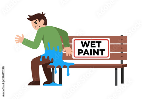 An unlucky man discovers the 'Wet Paint' sign was not just a suggestion, ending up with a blue-stained back and pants in this humorous mishap illustration