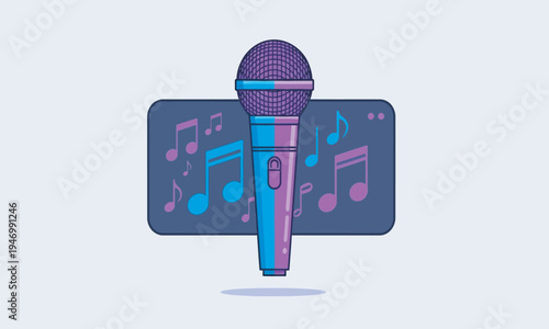 A modern purple and blue microphone placed in front of a dark rectangular screen with floating colorful music note symbols.