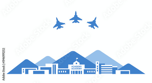 Stylized academy campus amidst mountains, with fighter jets soaring above, symbolizing advanced education, aerospace expertise, and commitment to national defense