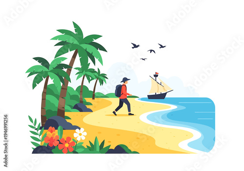 An adventurer embarks on a journey along a picturesque tropical island beach, featuring lush palm trees and a historic ship gracefully sailing on the horizon