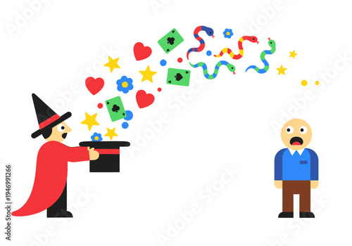 Dynamic Magician Astonishes Audience with a Burst of Colorful Illusions, Conjuring an Array of Unexpected Objects from a Mystical Top Hat During a Captivating Show