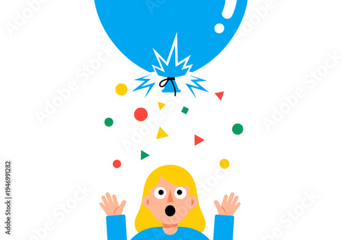 Capturing the moment of surprise as a vibrant blue balloon unexpectedly bursts, scattering colorful confetti over a wide-eyed person below, symbolizing sudden changes or unexpected outcomes