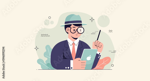 A stylized man in a hat and suit holds a tablet and pen