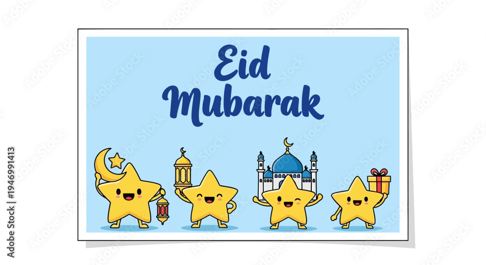 Fototapeta premium Eid Mubarak star characters smiling faces.