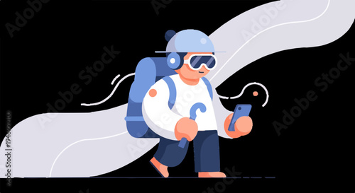 Cartoon traveler with backpack and goggles on phone