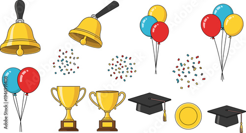 Graduation Celebration Vector Set with School Bells Balloons Confetti Trophy Awards Graduation Caps and Medal Cartoon Education Achievement Illustration Collection