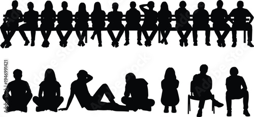 Vector black silhouettes of diverse people sitting on benches and floor in various poses and relaxing positions for architectural visualization and graphic design.