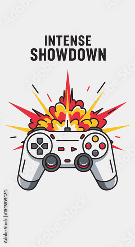 Intense Gaming Battle Controller Graphic Illustration Depicting Explosion and Showdown Scene