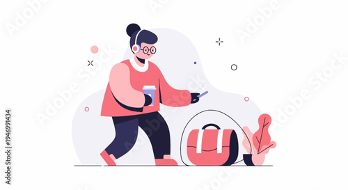 Animated person with headphones and coffee walking with bag and phone