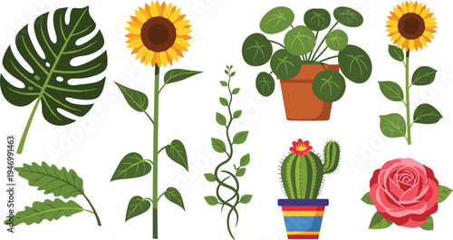 Bright Floral and Plant Collection with Sunflowers, Cactus, Rose, and Potted Plants, Ideal for Home Decor, Gardening, and Nature-Inspired Designs