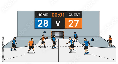 Intense Handball Match: Close Score Displayed With Teams Battling Aggressively For Victory