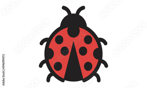 A top-down view of a red ladybug with black spots and a black head, featuring a symmetrical flat design with a thick outline.