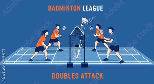Intense Badminton Doubles Match Action Dynamic Sport Illustration