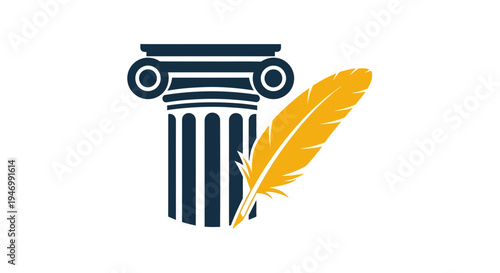 Icon of a column with a yellow feather on isolated