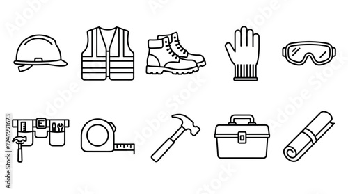 A collection of black outline icons representing essential construction safety gear and various worker tools, clearly isolated on a clean white background.