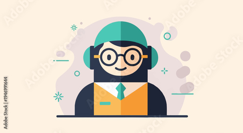 Friendly cartoon individual wearing headset and glasses, presented on light background