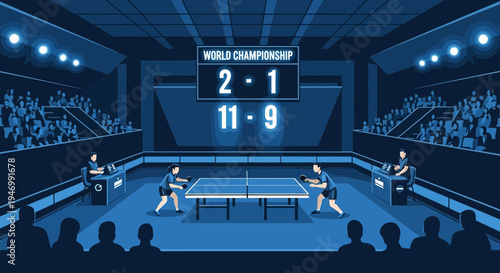 Intense Table Tennis Match Depicted At World Championship In Vibrant Blue Setting