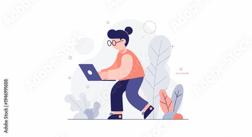 Person with laptop working outdoors among stylized plants and shapes