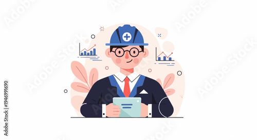 Smiling engineer in hard hat with tablet and charts, surrounded by leaves