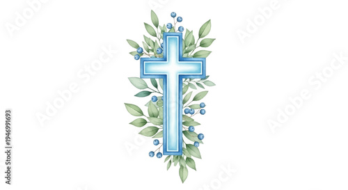 Blue cross with leaves and flowers