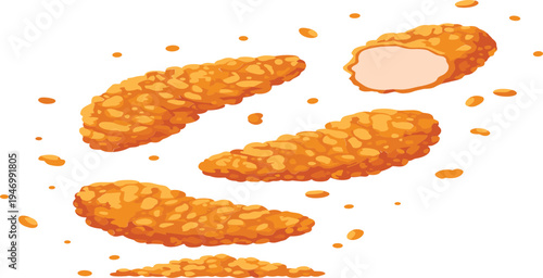 Crispy fried chicken strips and tenders vector set with crunchy breadcrumbs and meat cross section isolated on white background for fast food design.