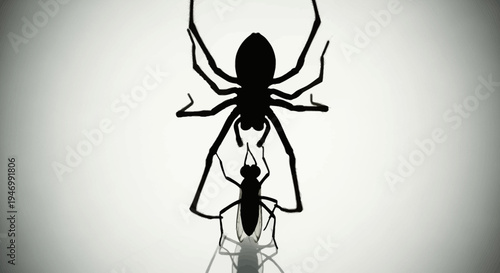 Black silhouette of a large spider and a smaller spider on a gray background