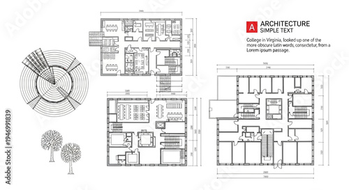 Architectural floor plans and diagrams with sample text